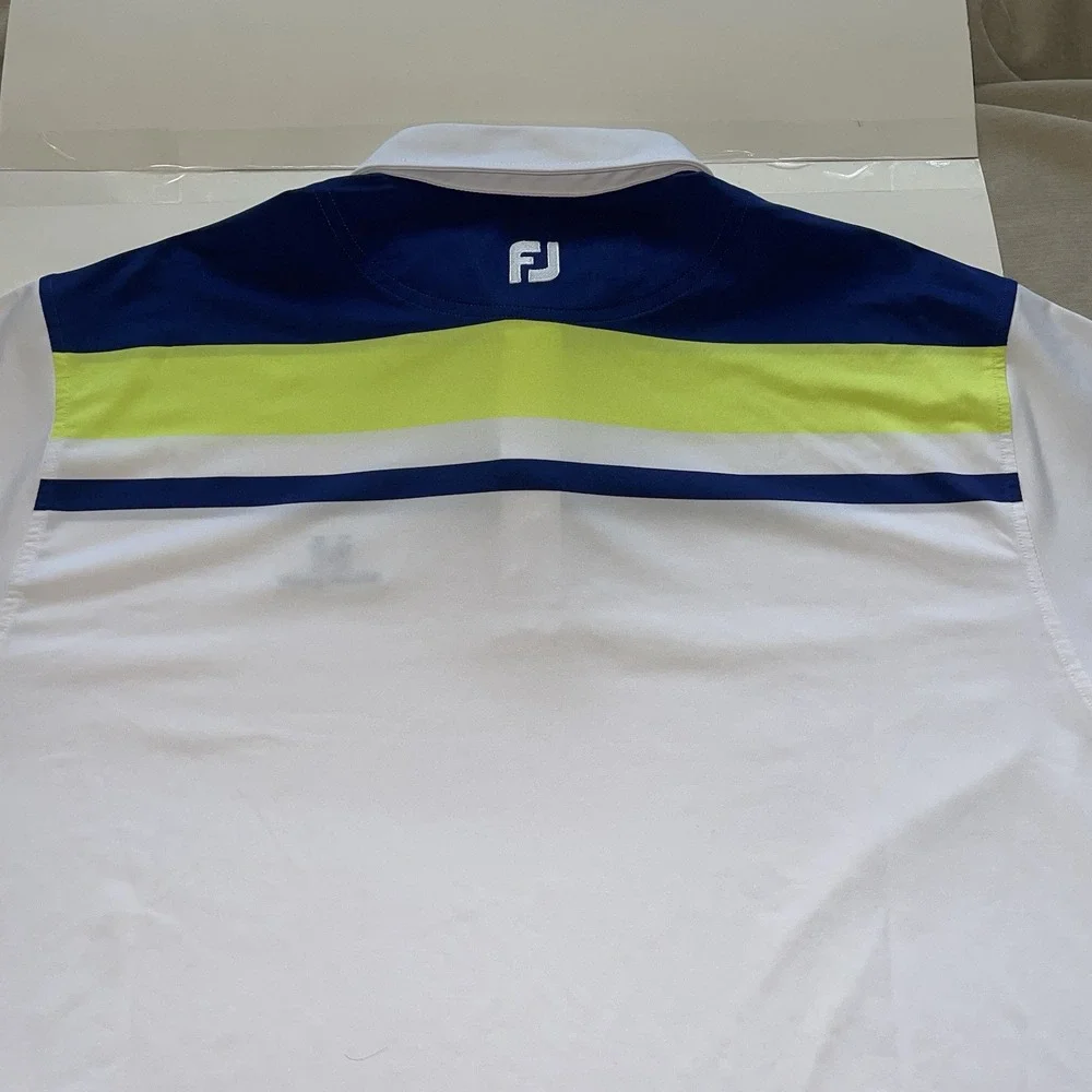 Foot Joy FJ Golf Polo Shirt Mens XL White Blue Green Stretch‎ W/Black Hawk Logo